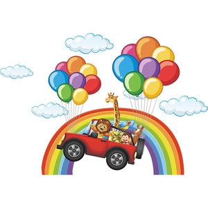 Cartoon animals in a red off-road car with rainbow and balloons for wall stickers decoration