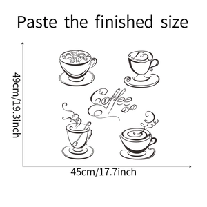 Detailed view of coffee cup wall stickers with dimensions 49x45cm for home decor