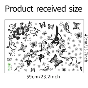 Detail showing monochrome floral and butterfly wall sticker with dimensions 40cm x 59cm