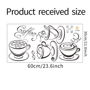 Detailed size chart of minimalist coffee cup wall stickers showing 60x30cm dimensions