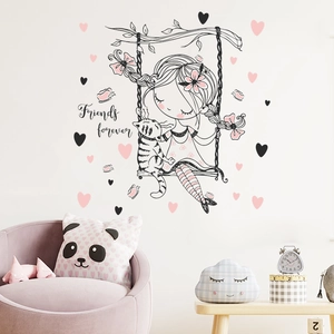 Sticker Mural Mignon Fille et Chat sur Balançoire Cœurs Roses Papillons PVC Auto-Adhésif pour Chambre d'Enfant Décor