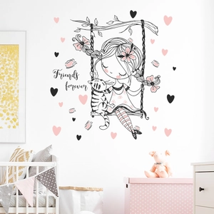 Sticker mural fille sur balançoire avec chat et cœurs pour décoration de chambre d'enfant