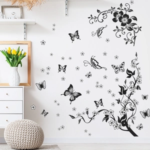 Minimalist black floral and butterfly wall decals for modern home living room decor