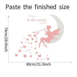 Detail view of pink fairy wall sticker on moon with size dimensions of 80x74 cm