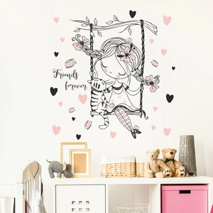 Détail du sticker mural fillette sur balançoire avec texte Friends forever pour chambre enfant