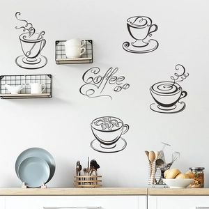 Minimalist black coffee cup wall stickers and artistic lettering for kitchen wall decor