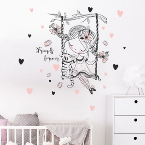 Stickers muraux enfant fille balançoire et chat décoratifs pour chambre de bébé