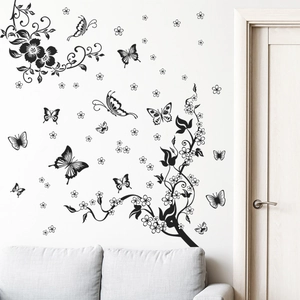 Floral vine and butterfly wall sticker in black minimalist design for home decor