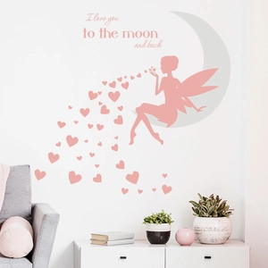 Fairy On Moon Wall Sticker PVC DIY Hearts I Love You To The Moon And Back Quote Decal For Kids Room Bedroom Nursery Decor