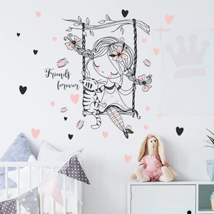Sticker mural petite fille sur balançoire avec chat et cœurs pour chambre d'enfant