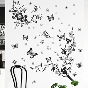 Elegant black butterfly and floral vine wall decals for living room home decoration