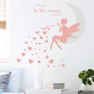 Fairy on moon wall sticker with hearts and I love you to the moon and back text