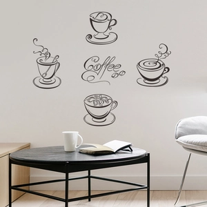 Detail of black minimalist coffee cup wall decals set with artistic lettering