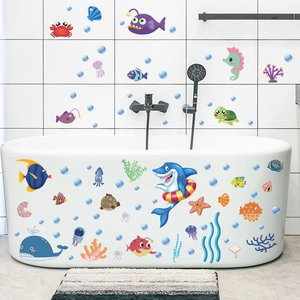 Adesivi Murali a Cartone Animato Vita Marina Mondo Sottomarino Squalo Balena Decalcomanie in PVC Impermeabile per Casa Bagno Bambini
