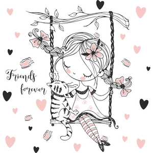 Sticker mural fille sur balançoire avec chat et texte Friends Forever pour chambre enfant