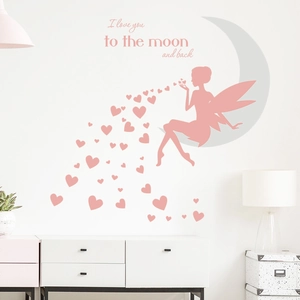 Pink fairy on moon wall decal with hearts and I love you to the moon and back text