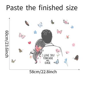 Detailed dimension layout of couple wall stickers with butterflies and floral pattern