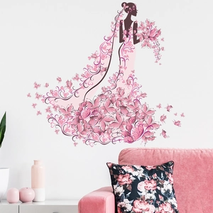 Elegant Butterfly Flower Woman Silhouette Wall Sticker PVC Self Adhesive Pink Bride Decor For Bedroom Living Room Home Decoration