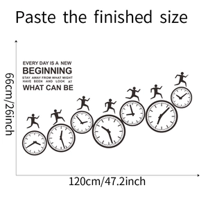 Detail of inspirational clock wall sticker with athlete silhouette and motivational quote