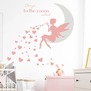 Pink fairy moon and hearts wall sticker for kids bedroom decor with I love you text