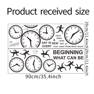 Detail view of PVC wall stickers with black clock patterns and motivational running silhouettes