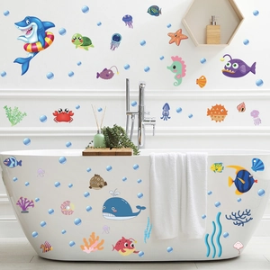 Adesivi murali cartoon mondo marino con squali e balene per decoro bagno per bambini