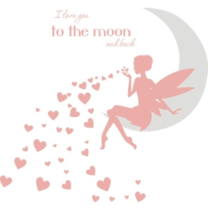 Pink fairy moon wall decal with I love you to the moon and back text for kids rooms