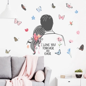 Romantic Valentine Day Couple Silhouette Butterfly Wall Sticker PVC Removable I Love You Quote Bedroom Decor Home Decal