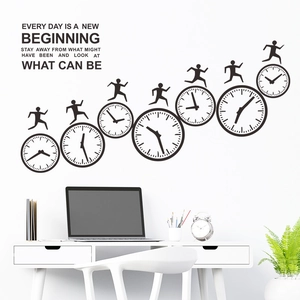 Inspirational wall sticker featuring clocks and running silhouette for home decoration