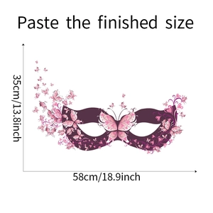 Detailed view of purple butterfly mask wall sticker with specific size measurements