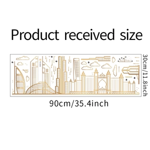 Golden Dubai skyline wall decal product dimensions showing 30x90cm received size