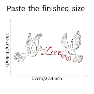 Detailed size chart for Dove Love wall sticker measuring 57cm by 26.5cm for home decor