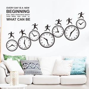 Inspirational black wall decal featuring progressive clocks and running figures for home decor