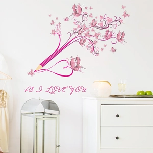 Rosa Bleistift Wandtattoo mit Schmetterlingen, Herzen und PS I Love You Schriftzug