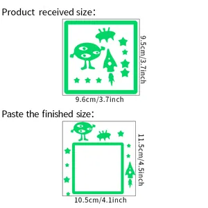 Detailed dimension chart showing size specifications for luminous rocket wall stickers