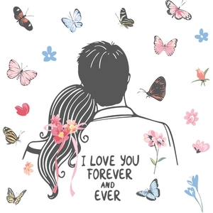 Cartoon couple wall sticker with colorful butterflies and I LOVE YOU FOREVER text art