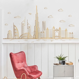 Golden Dubai skyline city wall sticker with Burj Khalifa and clouds for living room decor