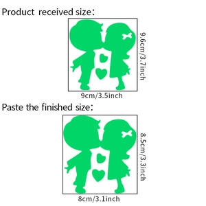 Dettaglio delle dimensioni dell'adesivo murale fluorescente verde con coppia e cuori