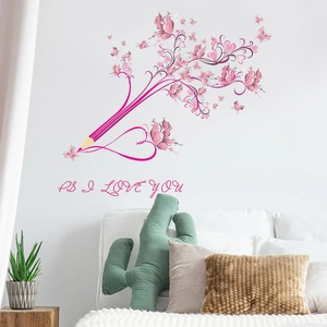 Romantisch Rosa Schmetterling Herz Wandtattoo PVC Bleistift Kunst Schriftzug Abnehmbar DIY Wandbild Dekor Für Schlafzimmer