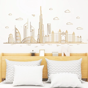 Golden Dubai skyline wall decal featuring Burj Khalifa and Burj Al Arab for home decor