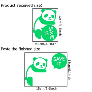 Detailed size chart showing panda light switch wall sticker dimensions in centimeters and inches