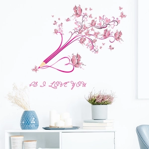 Wandtattoo mit rosa Bleistift Schmetterlingen Herzen und PS I Love You für Schlafzimmer