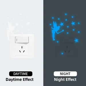 Luminous fairy and stars switch sticker showing daytime white and night glowing blue effect