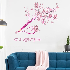 Rosa Wandtattoo mit Bleistift-Schmetterlingen Herz und PS I LOVE YOU Schriftzug