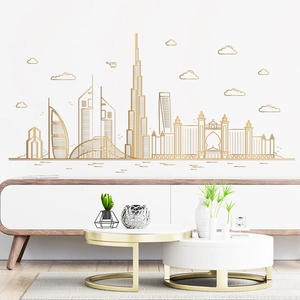 Modern Golden Dubai City Skyline Wall Sticker PVC Self Adhesive Architecture Decal For Living Room Home Wall Decoration