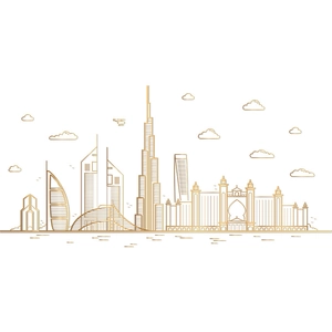 Golden Dubai skyline wall sticker featuring Burj Khalifa and Burj Al Arab architecture