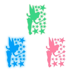 Luminous fairy and stars wall stickers set in mint green, sky blue, and pink colors