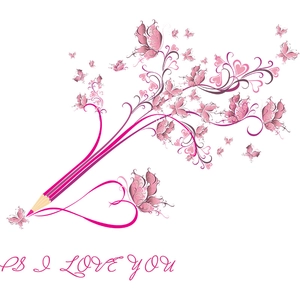 Rosa Bleistift Wandtattoo mit Schmetterlingen, Herzen und PS I Love You Schriftzug