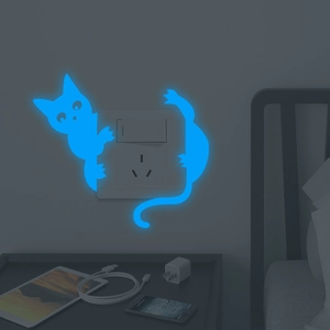 Luminous blue glow-in-the-dark cat wall sticker for home light switch decor
