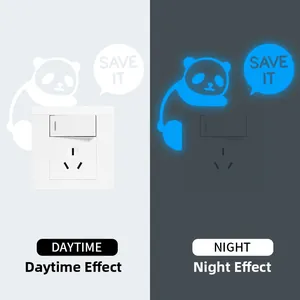 Luminous panda wall sticker for light switches showing day and night glow effect